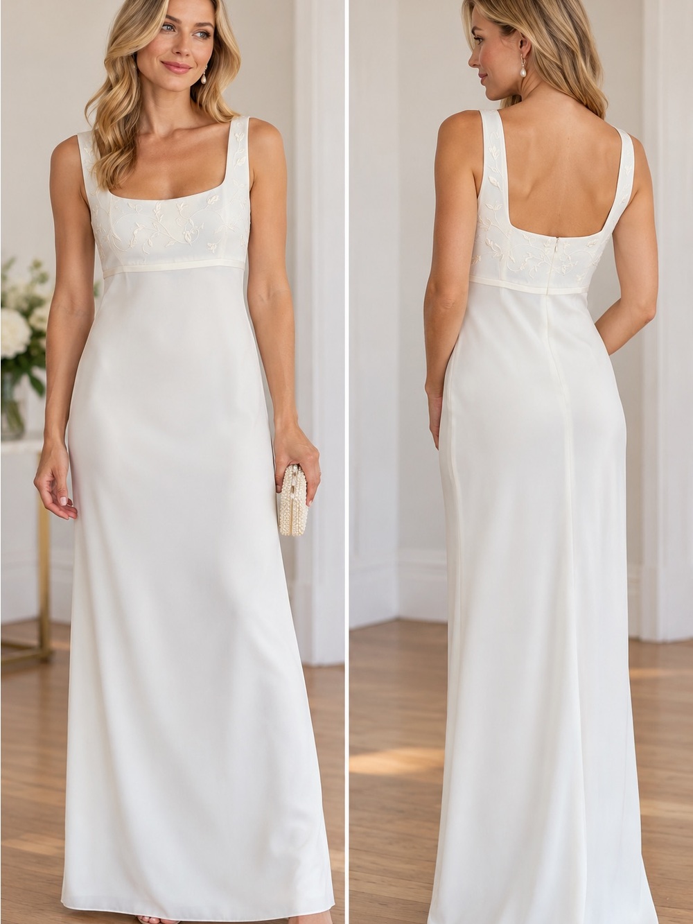 Ivory Square-Neck Embroidered Bodice Maxi Dress